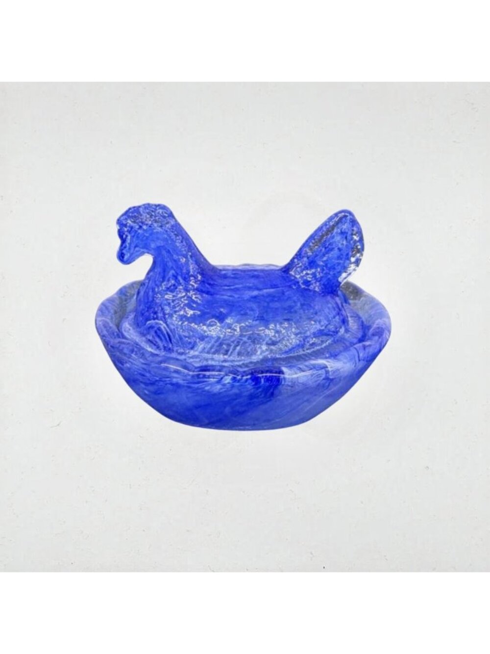Vintage blue swirl glass hen on nest salt dip cellar